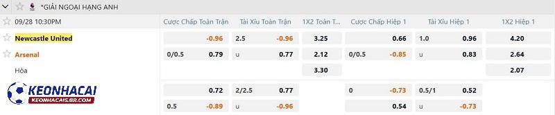 Tỷ lệ soi kèo Newcastle vs Arsenal