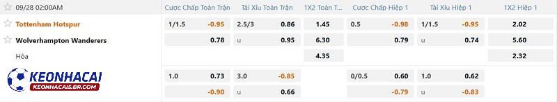 Tỷ lệ soi kèo Tottenham vs Wolves